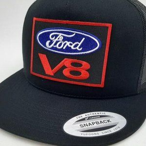F150 Retro Mustan Ford V8 Embroidered Patch Black Flat Bill Trucker Mesh Cap Hat